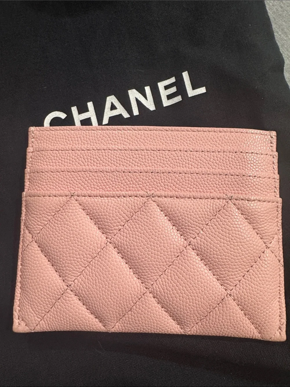 CHANEL Pink Quilted Card Case with Silver CC Charm